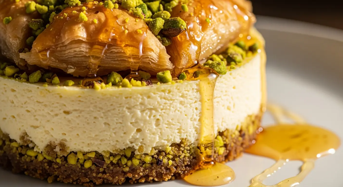 Honey Pistachio Baklava Cheesecake