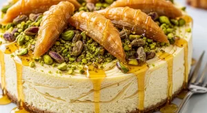 Honey Pistachio Baklava Cheesecake